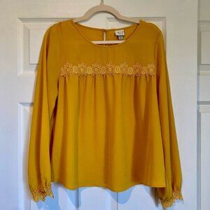A New Day Mustard Yellow Long Sleeve Lace Embellished Blouse